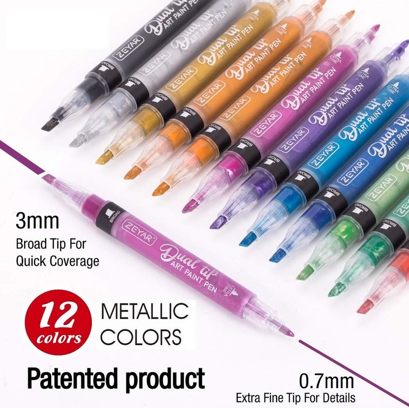 ZEYAR Dual Tip Acrylic Paint Pens 12 Metallic Colors, Board and Extra Fine Tips, Patented product, Water Based Acrylic & Waterproof Ink (12 Metallic Colors) - Image 2